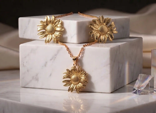 Golden Plated Sunflower Pendant Necklace & Earring Tops Set