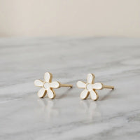 Gold plated white enamel floral daisy 6-petal stud tops earrings by Trivo Essentials