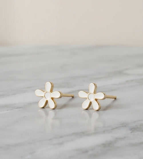 Golden Plated White Flower Enamel Stud Earrings
