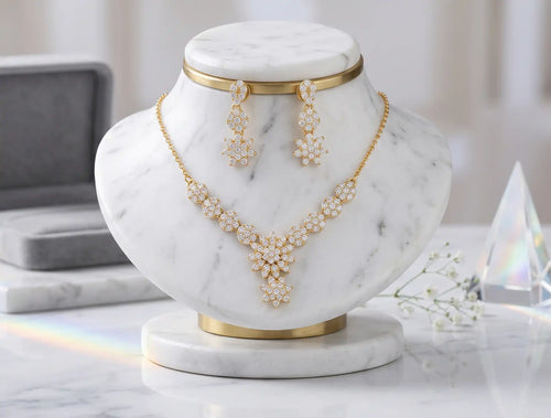 Golden Plated Zircon Floral Necklace Set with Matching Tops