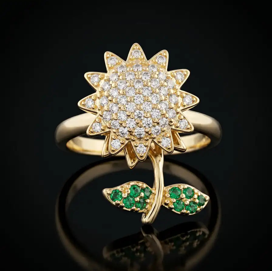Gold plated adjustable rotating sunflower ring with pave white zircons and emerald green stone leaves by Trivo Essentials