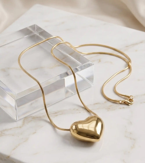 Golden Plated Puffed Heart Pendant Snake Chain Necklace