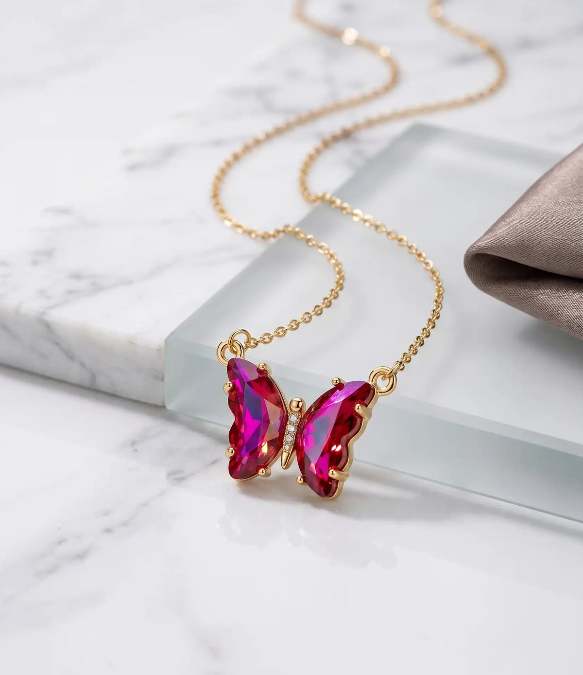Gold plated ruby red crystal butterfly necklace pendant for women by Trivo Essentials