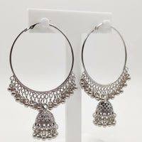 Oxidized silver hoop bali jhumka earrings with hanging ghungroo beads by Trivo Essentials