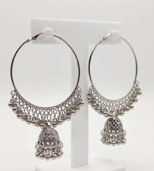 Oxidized Silver Hoop Jhumka Earrings