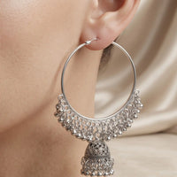 Oxidized silver hoop bali jhumka earrings with hanging ghungroo beads by Trivo Essentials