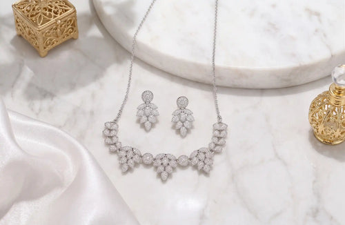 Rhodium Plated Cubic Zirconia Leaf Necklace & Drop Earrings Bridal Set