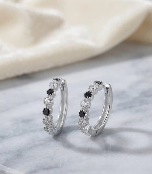 Rhodium Silver Black Zircon Huggie Hoop Earrings