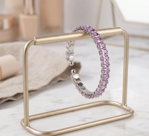 Rhodium Plated Silver Pink Emerald Cut CZ Tennis Bracelet Kangan