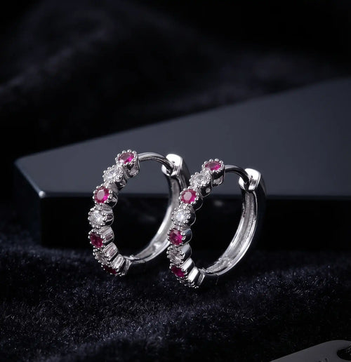 Rhodium Silver Ruby Red Zircon Huggie Hoop Earrings