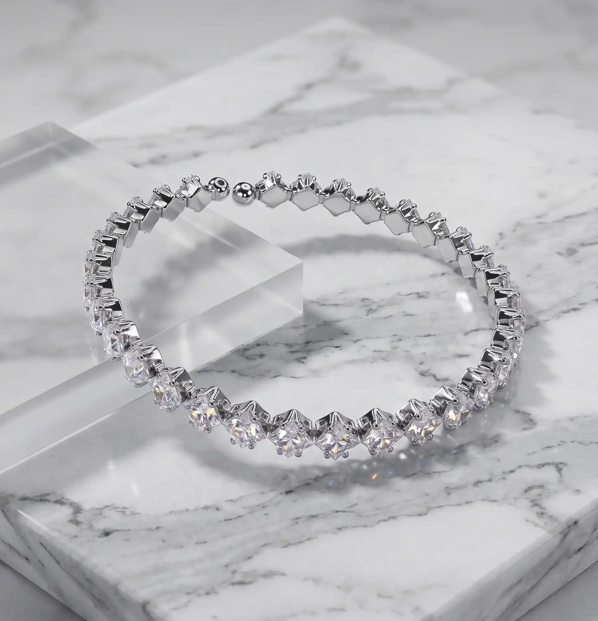 Rhodium silver plated tennis bracelet with square princess-cut clear crystal CZ stones by Trivo Essentials
