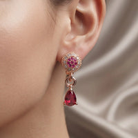Rose gold plated teardrop pear cut ruby red zircon drop leverback earrings by Trivo Essentials
