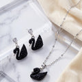 Silver Plated Black Crystal Swan Pendant Necklace & Earrings Set