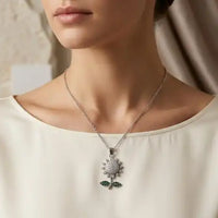 Silver plated zircon sunflower pendant necklace with green leaf detail for women by Trivo Essentials