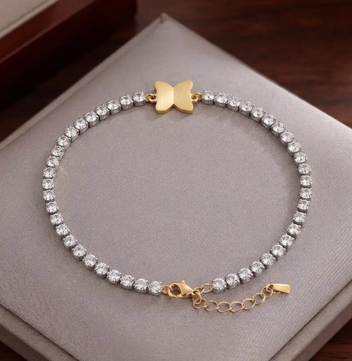 Two-Tone Butterfly CZ Tennis Bracelet Silver & Golden Kangan